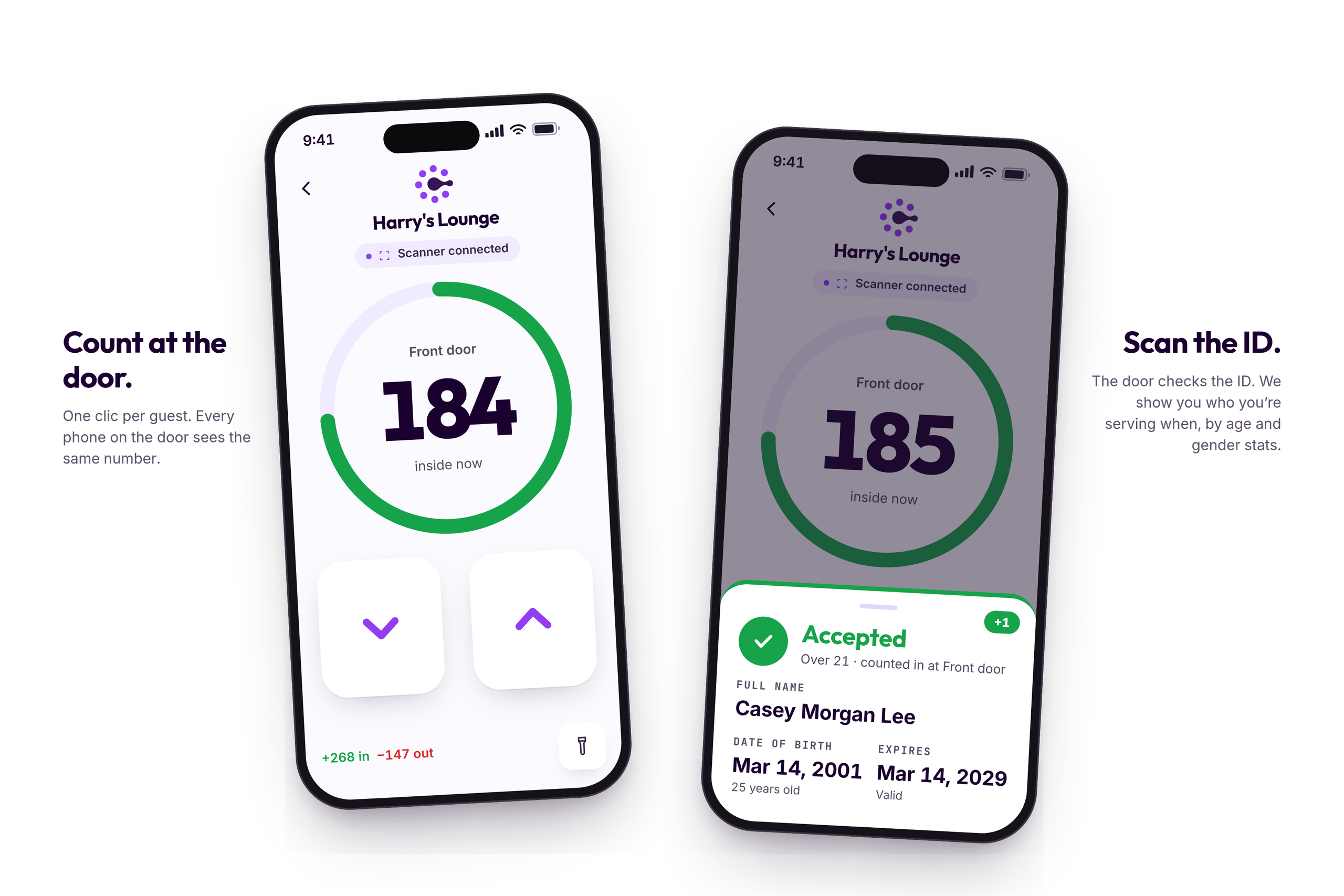 Two phones at the door: one counting guests in and out, one showing an accepted ID scan.
